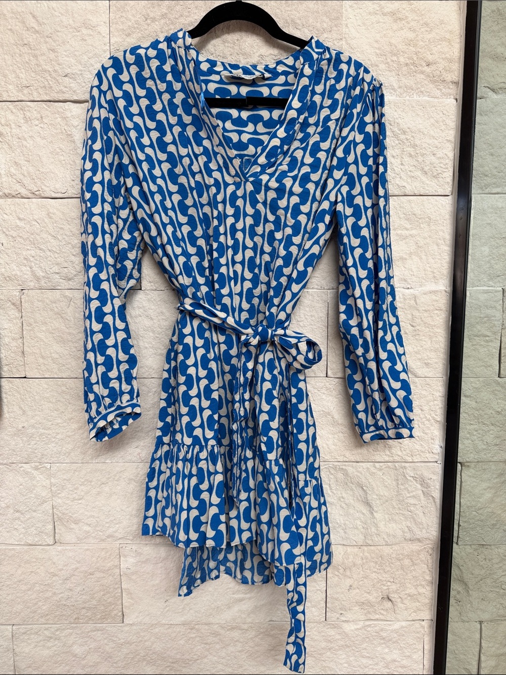 Zara Blue & White Printed Wrap Dress with Tie Waist